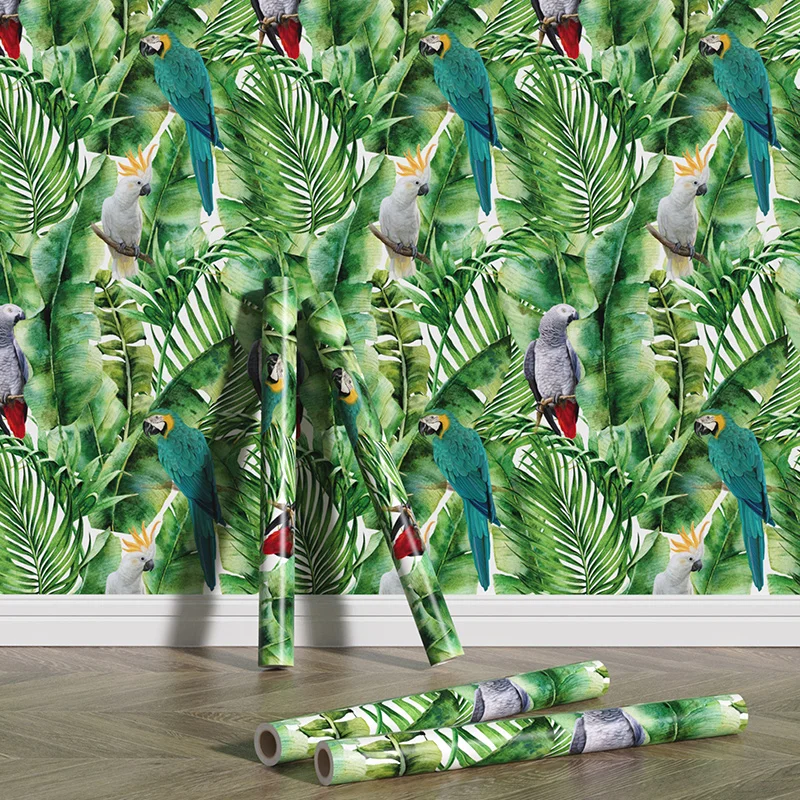 floral bird paper peel and stick wallpaper modern leaf self adhesive contact paper chic bedroom home furniture cabinet decor Elegant Eye Protection Green Forest PVC Wallpaper Chic Vinyl Contact Paper Home Decoration Retro Removable Cabinet stickers
