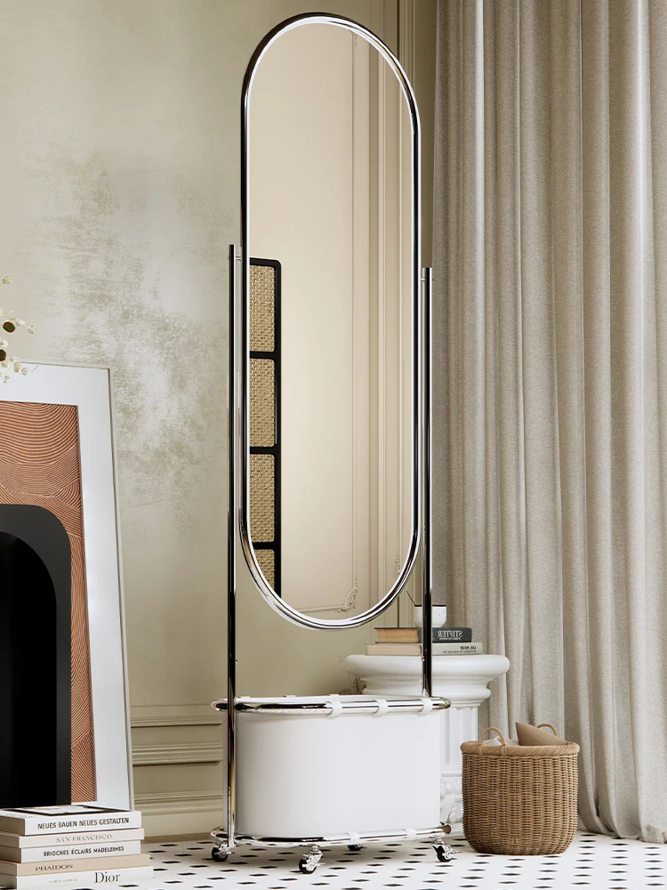 

Designer Simple Movable Floor Full-Length Mirror Living Room with Wheels Mirror Belt Basket Storage Dressing Mirror