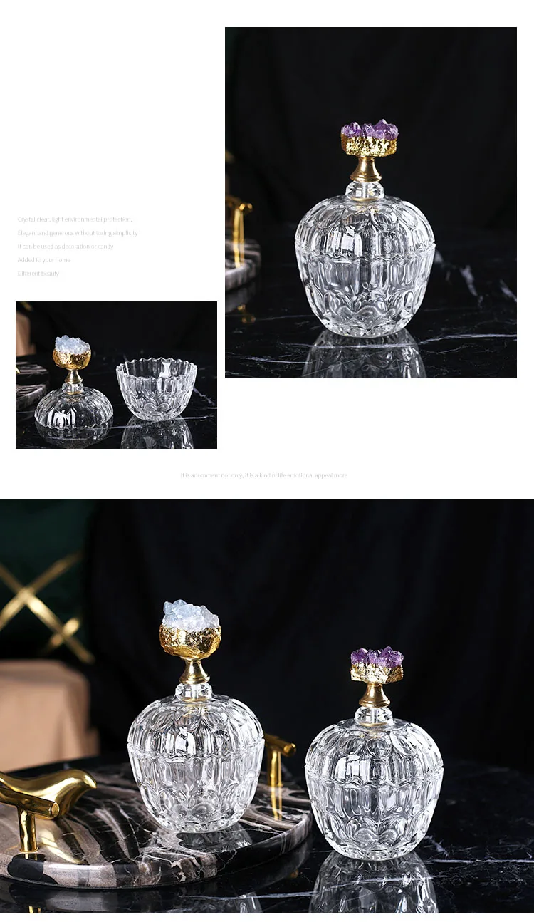 Description Picture 3 of itemNatural Crystal Decorative Glass Jars with Lid Simple Candy Pot Tea Leaf Storage Grain Dispenser Coffee Table Decorations