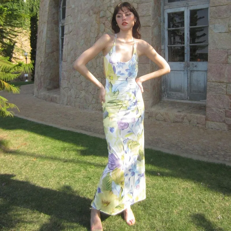 Vestido de moda con espalda descubierta y estampado para mujer, estilo vendaje, ajustado, elegante, de fiesta, con cordones, sexy, largo, para verano 2025