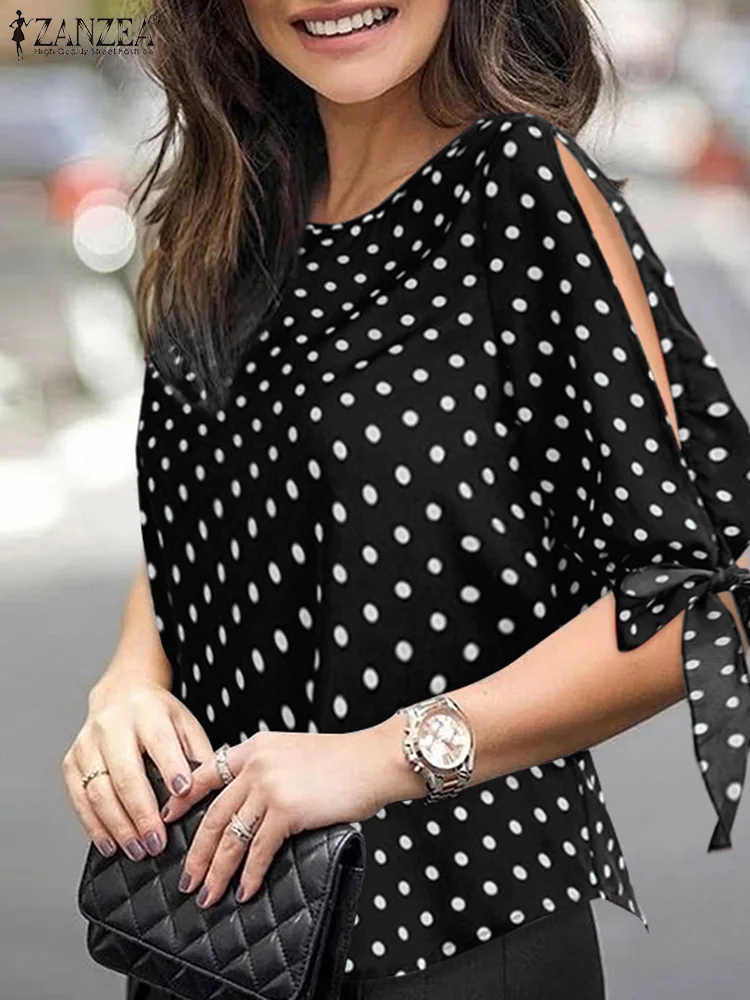 

ZANZEA Bohemian Polka Dots Printed Blouse Woman Casual Holiday Shirt Half Sleeve O-Neck Tunic Tops Elegant Beach Chemise 2024