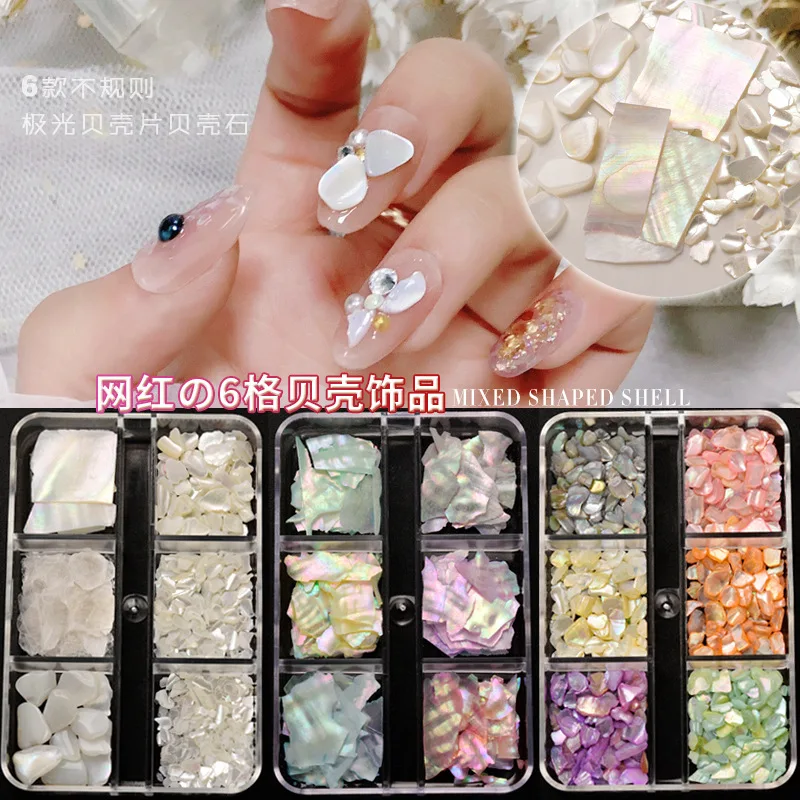 

Natural Abalone Shell Fragments Slice For Nail Art Decoration Irregular Aurora Sea Shell Stone Rhinestone UV Gel Flakes Charms