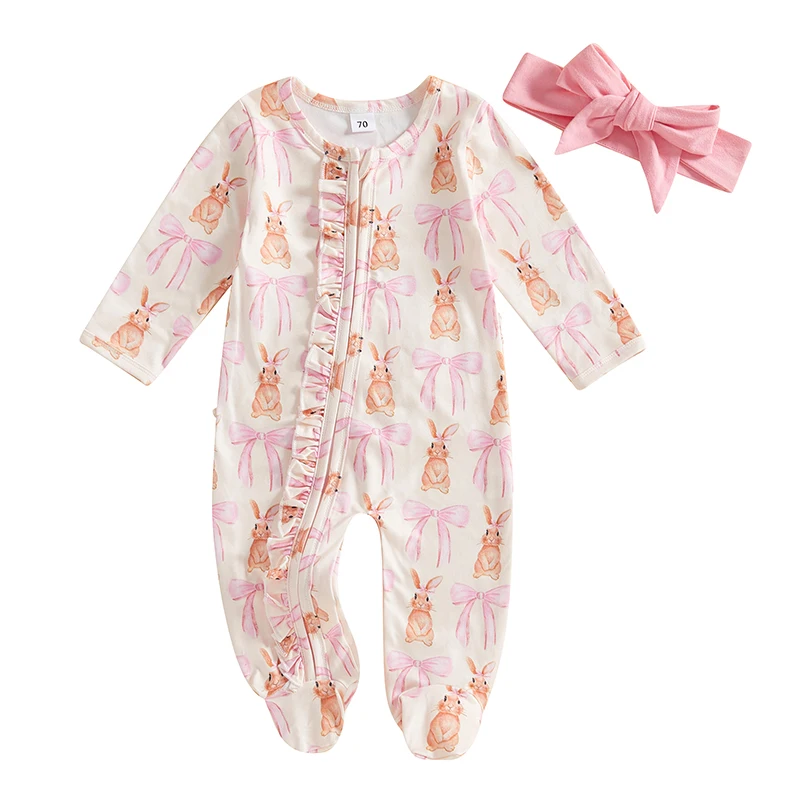 Baby Girl Footie Bodysuits Bunny Bow Print Ruffled Zip Up Long Sleeve Fall Romper Headband Easter Outfits