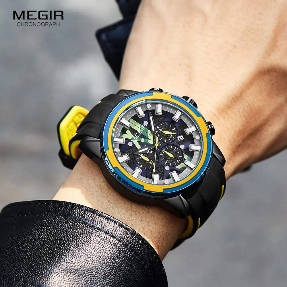 MEGIR Watch for Men Fashion Military Sport Chronograph Quartz Watches  Silicone Strap 24-hour Wristwatch часы relogio reloj 2133