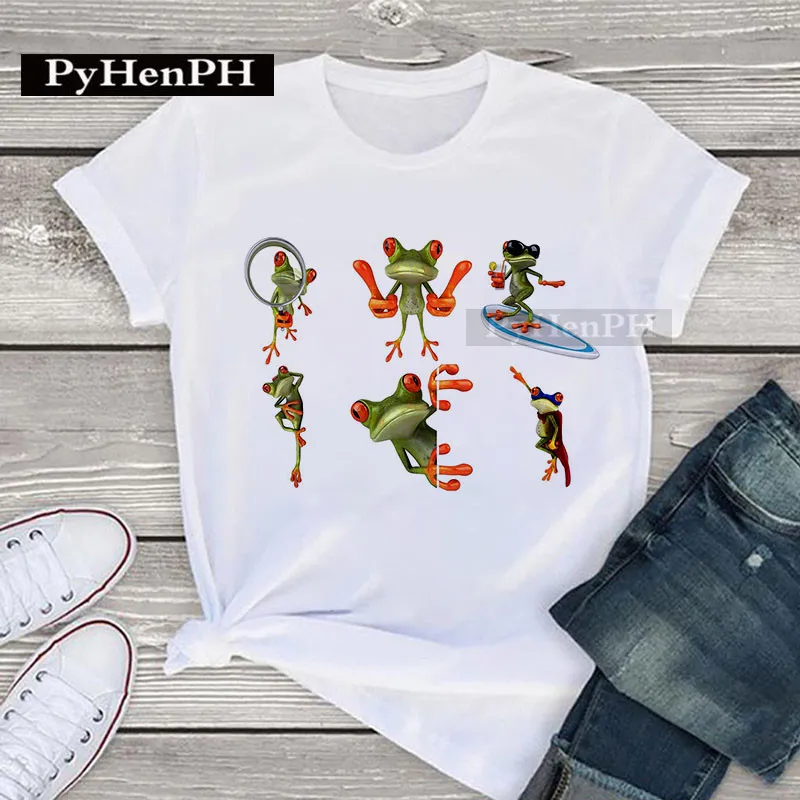 Summer Cartoon Frog Print Short-sleeved T-shirt White Matching Parent-child Outfit Couple Outfit Oversized T Shirt