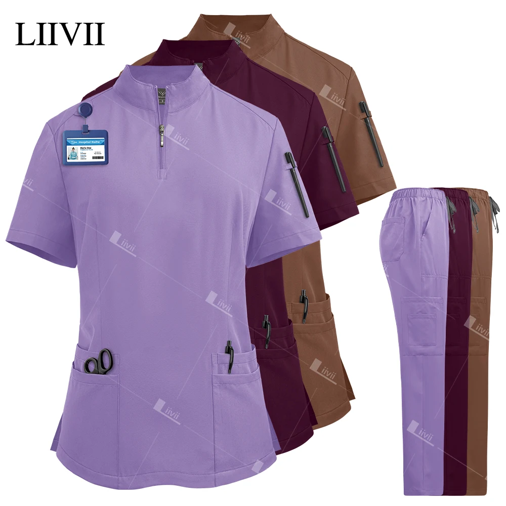Fashion Purple Hospital Uniforms Nurse Beauty Dental Salon Work Clothes Medical Scrub Blouse Pockets Straight Pants Scrubs Sets