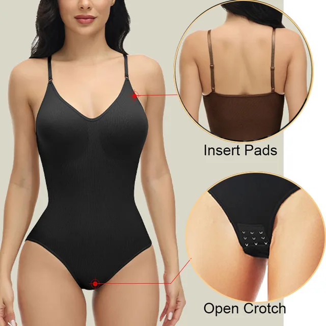 V Neck Spaghetti Strap Bodysuits Compression Body Suits Open Crotch Shapewear Slimming Body Shaper Smooth Out Bodysuit Shaper 2