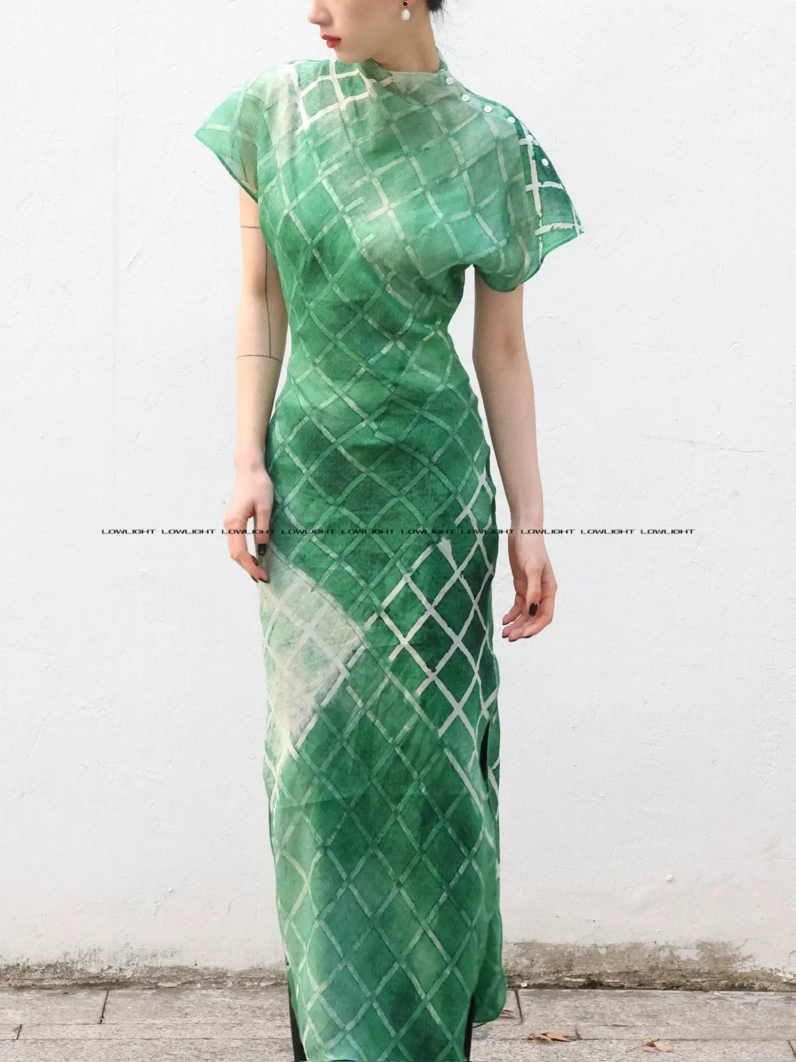 

Green plaid design slim fit willow tree dress, new Chinese cheongsam