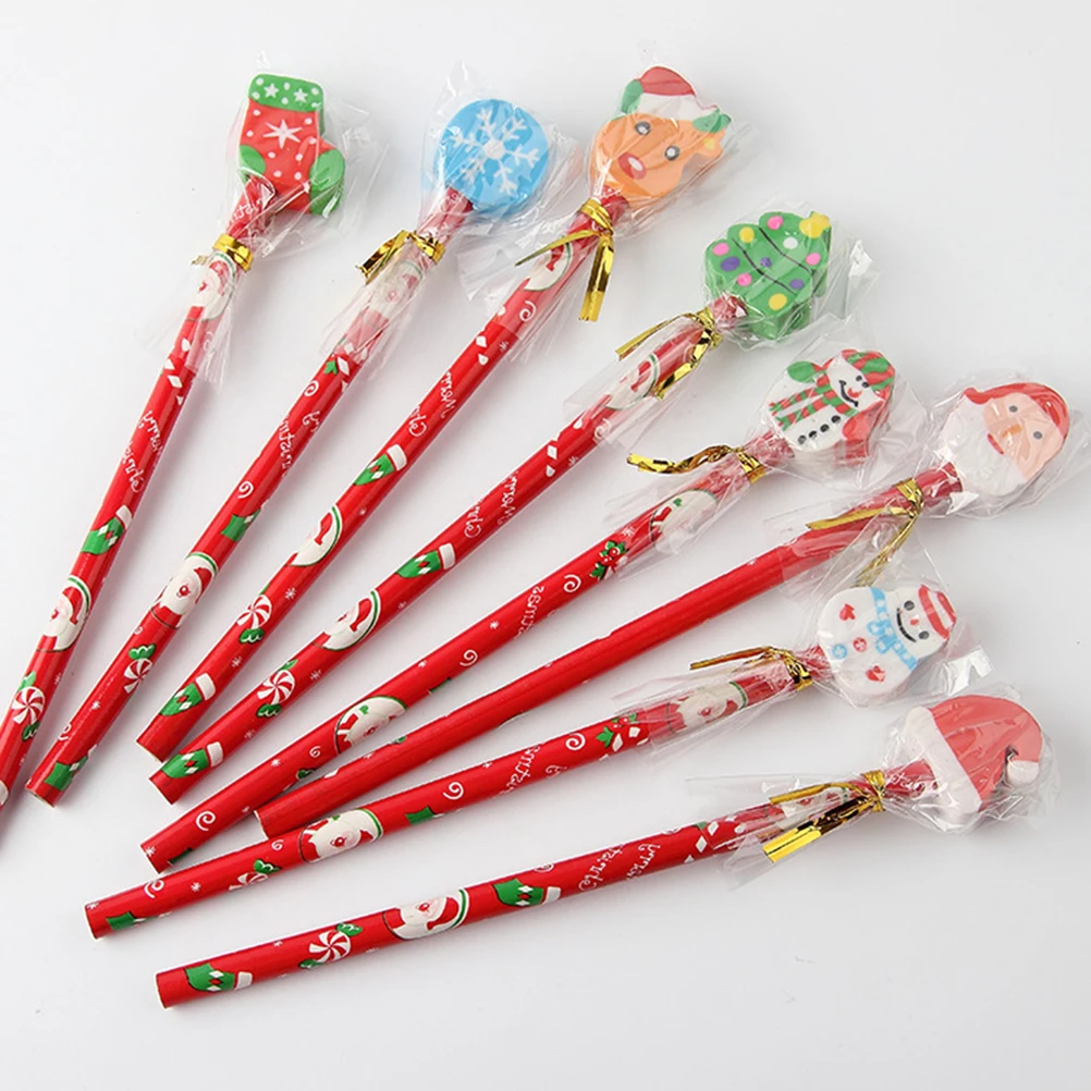 12Pcs Christmas Pencil with Eraser Students Pencils With Rubber Erasers Cartoon Pencils Christmas Gift Office School Stationery