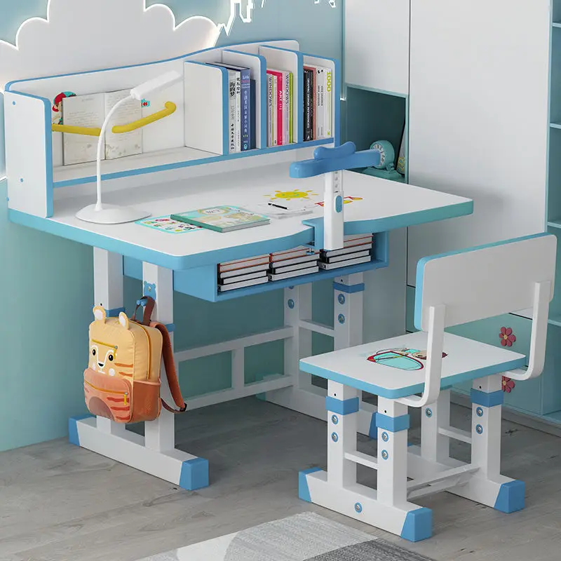 Children Tables Liftable with Bookshelf Children's Desk Set Home