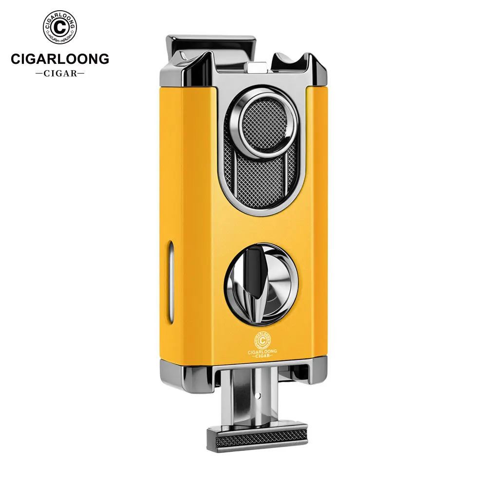 Cigar Lighter 3 IN 1 with V Shape Cigar Cutter Windproof Blue Flame Visual Window Smoking Accessory Inflatable Gift Box CB-24FT2