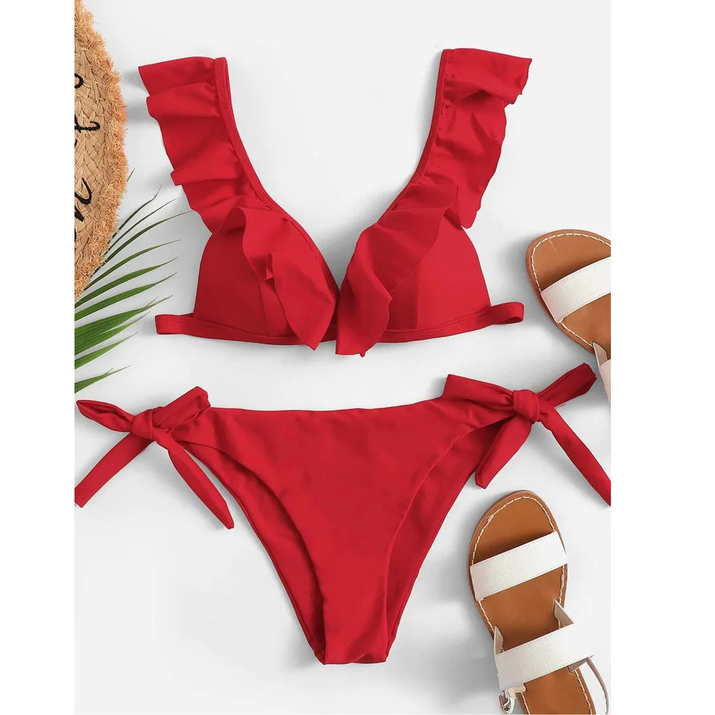 

High Waist Ruffled Two Piece Bikini Set 2024 Sexy Swimwear Women Two Pieces Swimsuit Solid Colour Beachwear V Neck Bathing Suit