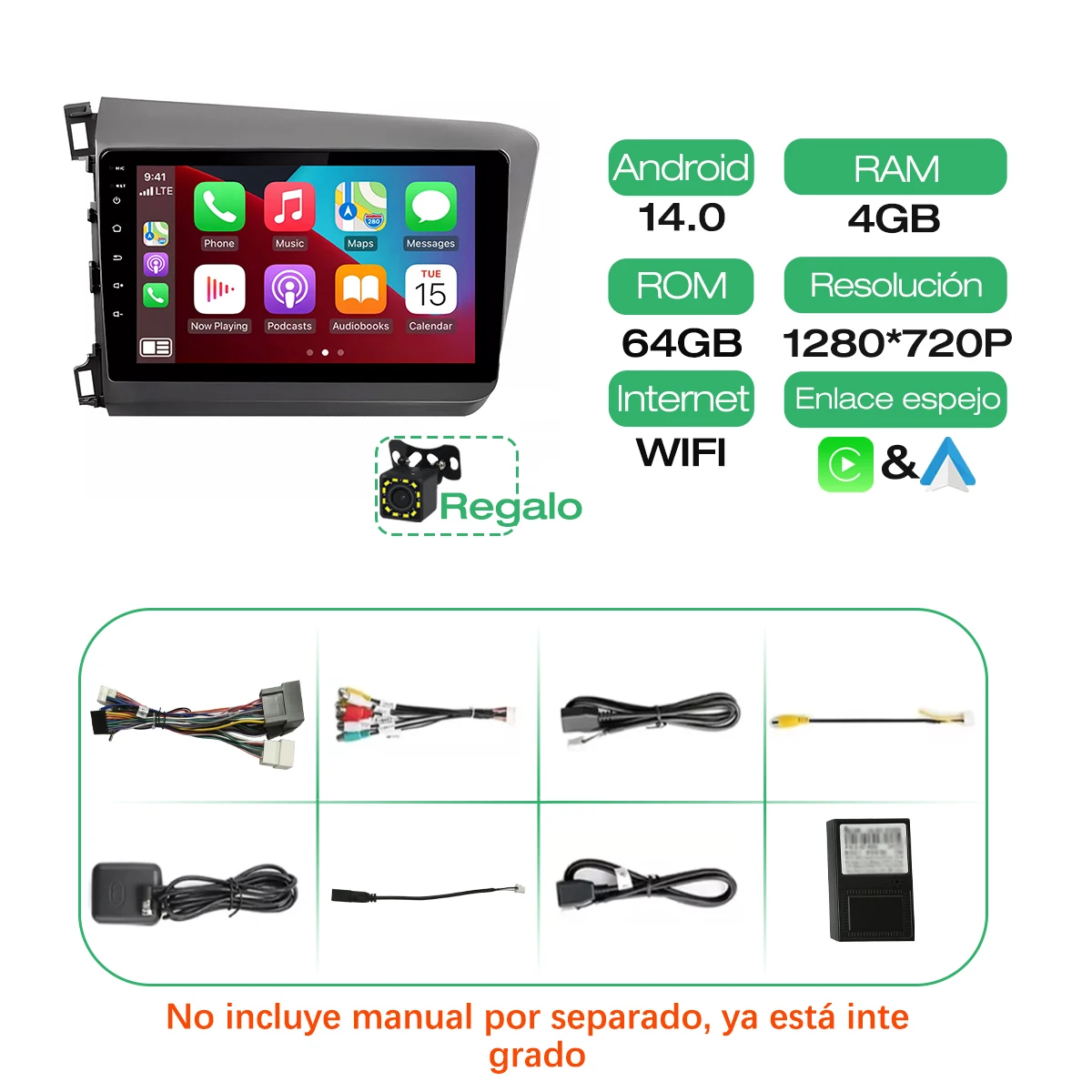 Reproductor Multimedia Inalámbrico Carplay con Sistema Android 14 para Honda Civic 2012-2015, Unidad de Control Central de 64 GB, Android Auto, GPS, WiFi, Bluetooth, Pantalla de 9 Pulgadas
