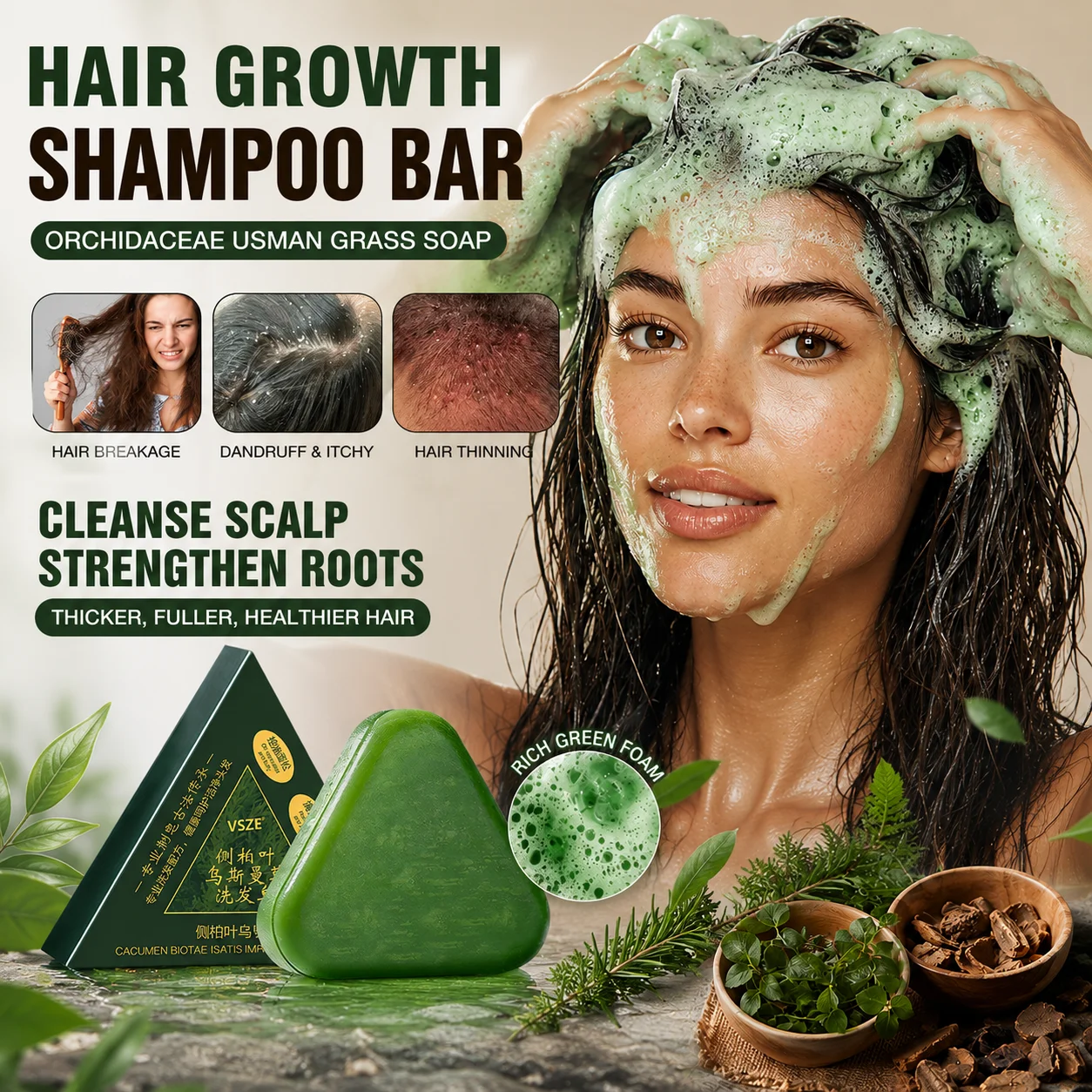 Shampoo Solido alle Erbe Usma Grass Platycladus per la Crescita dei Capelli, Trattamento per la Cura del Cuoio Capelluto, Ispessimento dei Capelli per Uomini e Donne