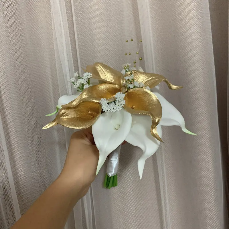 EillyRosia Luxury White and Gold Bridal Bouquet Teardrop Peals Baby's Breath Flowers Brooch Bouquet for the Wedding made
