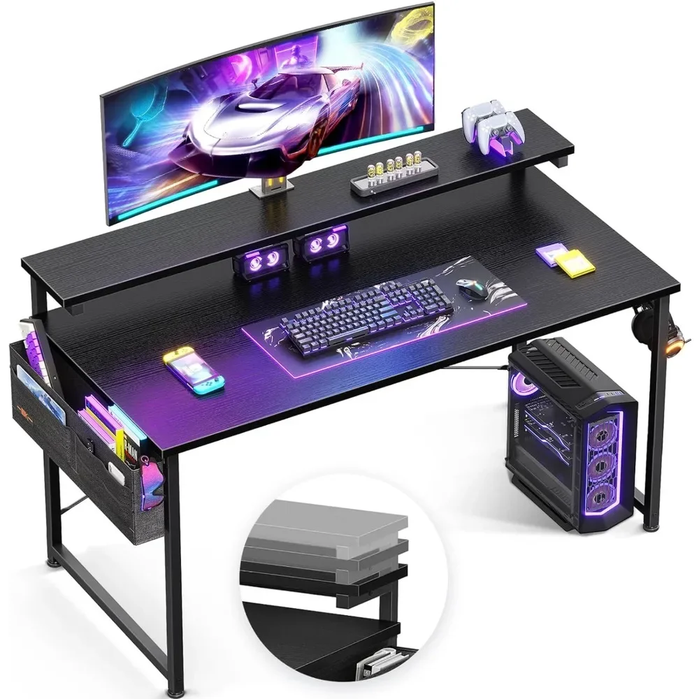 Computer Desk with Adjustable Monitor Shelves, 55 inch Home Office Desk with Monitor Stand, Writing Desk, Study Workstation
