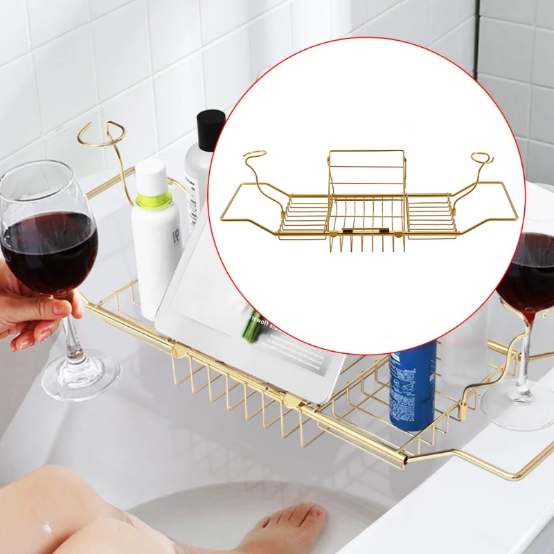 Metal Telescopic Bathtub Rack Non-Slip Retractable Wine Glass Book Holder Bathroom Tray Rack Shower