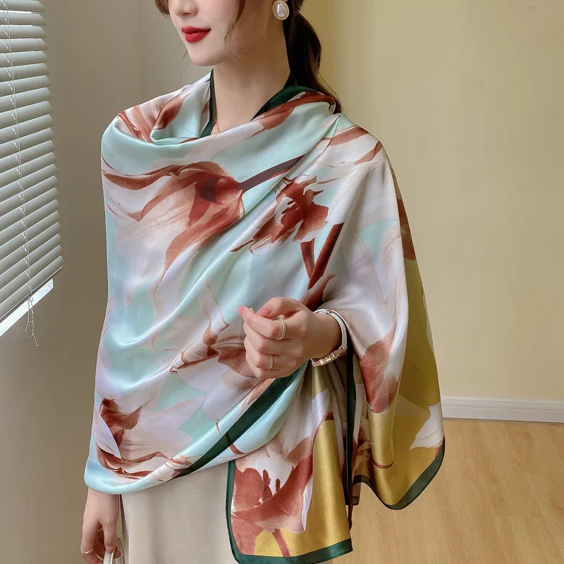 

Luxury Print Satin Silk Scarf Women Large Head Hijab 180*90cm Imitation Silk Beach Shawl Fashion Female Muffler Foulard
