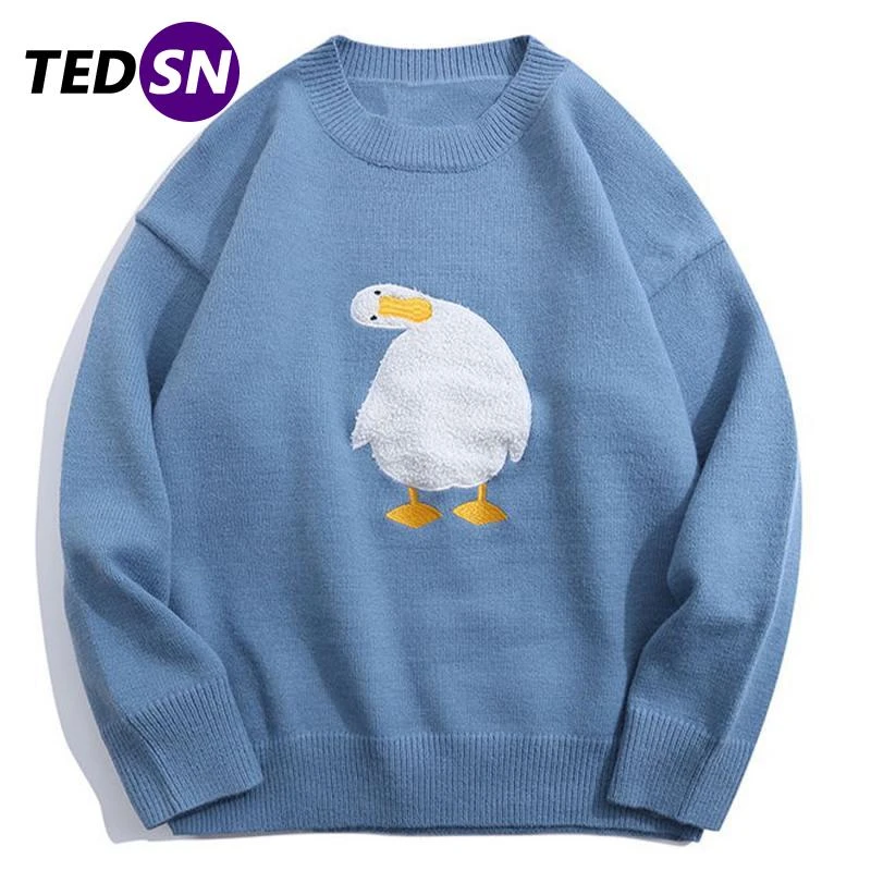 TEDSN Knit Sweater Turtleneck Duck Goose Men Women Cartoon 2021 Korean Style Jumper Harajuku Pullover Streetwear Oversize Winter mens green sweater