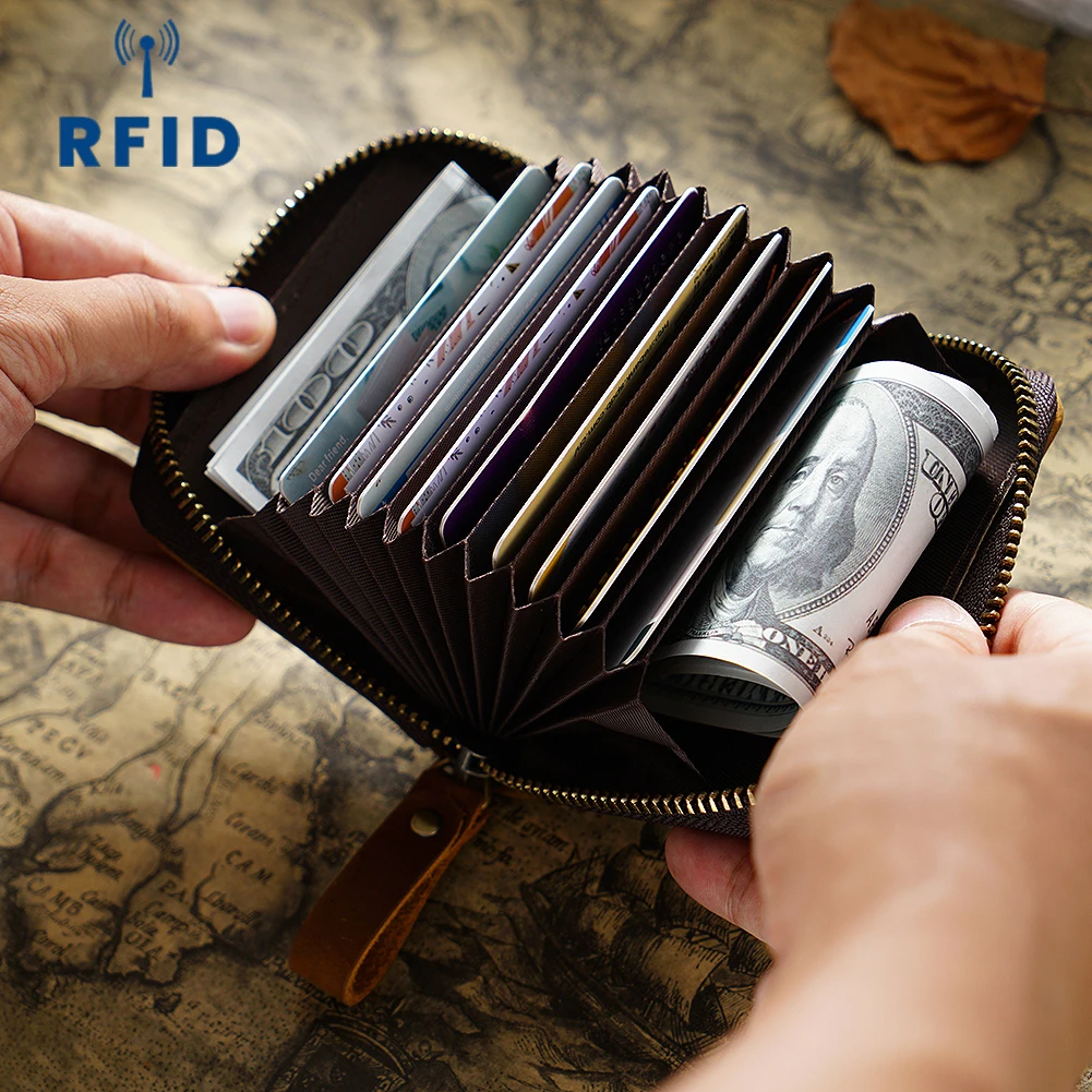 Top-Grain Leather Accordion Wallet-RFID Blocking Vintage Multi-Card Holder with High Capacity Coin Purse