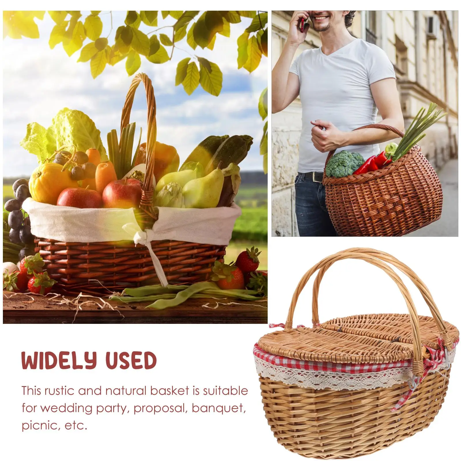 Rattan Picnic Basket 38x28x18cm Woven Handles Lid Storage Basket for Home Decor Gifts Outdoor Camping Vegetable Toy Storage 4