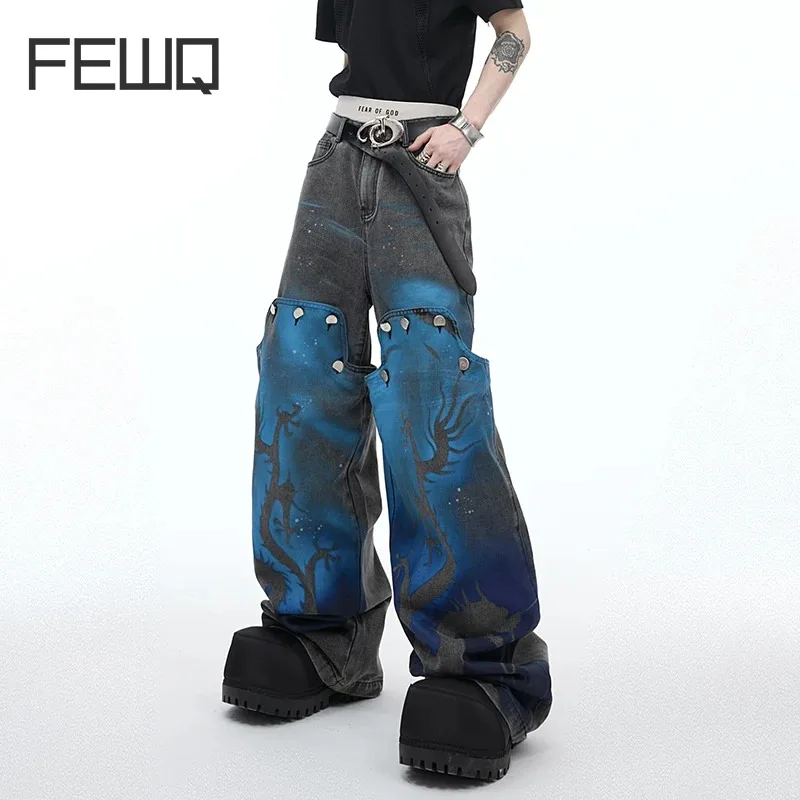 

IEFB Niche Design Vintage Male Jeans Personality Dragon Pattern Spray Painted Denim Pants Detachable Overalls High Street 24Y153