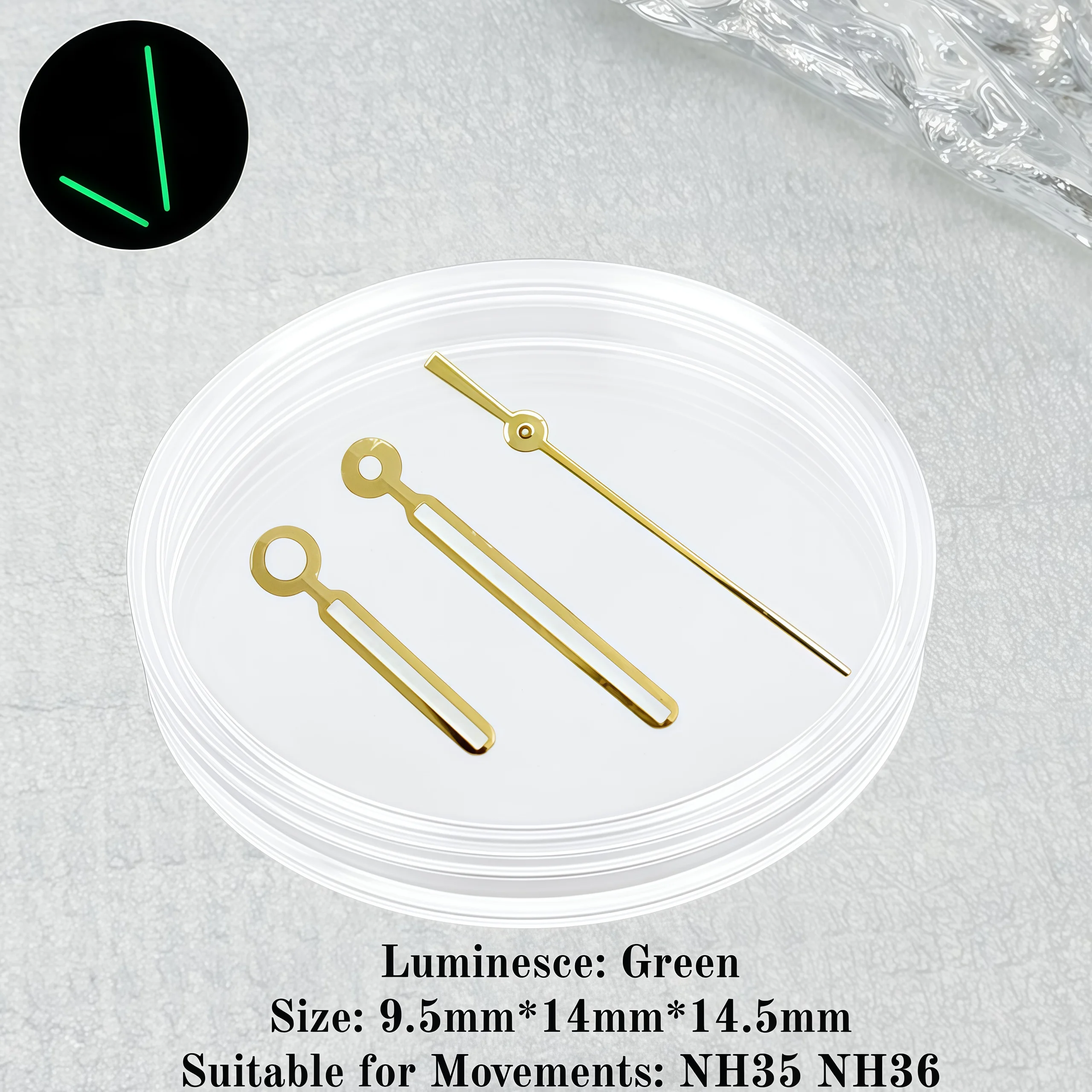 Enhanced Luminous Green Watch Hands Set with Unique Modified Design (9*14*14.5mm, 3-Pin Needles)