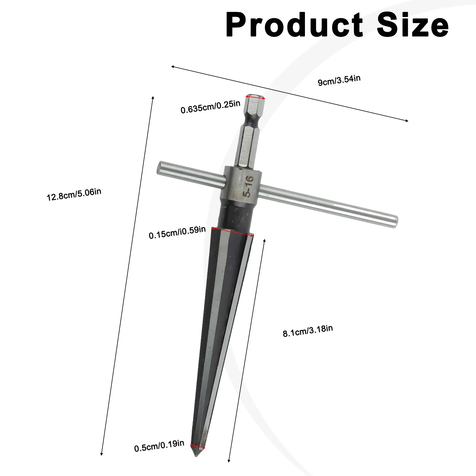 5-16mm Hand Held Tapered Reamer T Handle 6 Flute Beveling Cutting Drill Tool T Handle Inverted Taper Wood Sink Holes