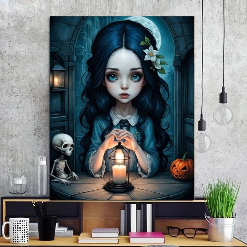 다크 고딕 소녀 할로윈 DIY 5D 다이아몬드 페인팅, 2024 풀 스퀘어 라운드 다이아몬드 자수 공예 세트, 홈 데코, 신제품
