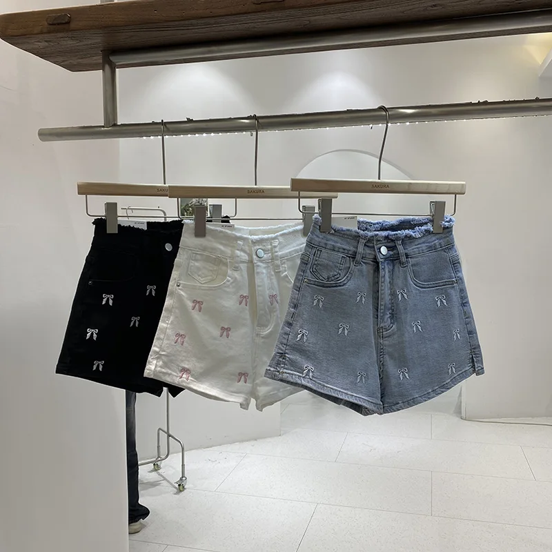 

Denim Shorts Feminino Stringy Selvedge Bow Decoration Booty Shorts Women Korean Style Pockets Solid Ins Short Summer Dropship