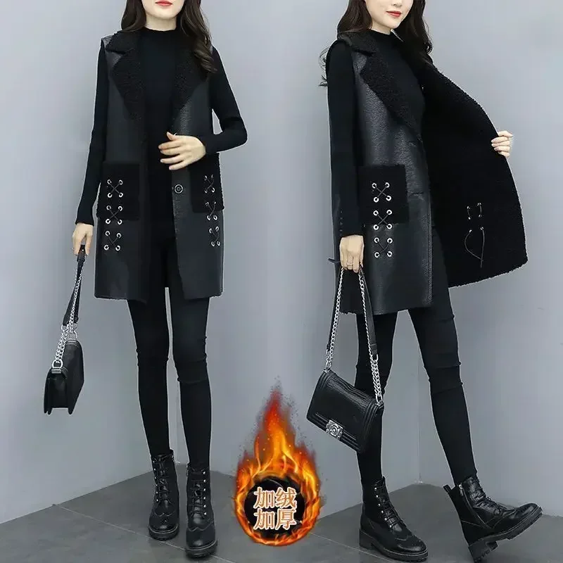 Winter wool Leather Vest Women's Clothing 2025 PU Jacket Korean Solid Sleeveless Vest Mid Long Coat Female Waistcoat Outerwear - 3