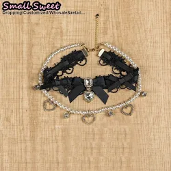 Handmade Double Pearl Bow Choker Necklace with Gemstone (Black 2)