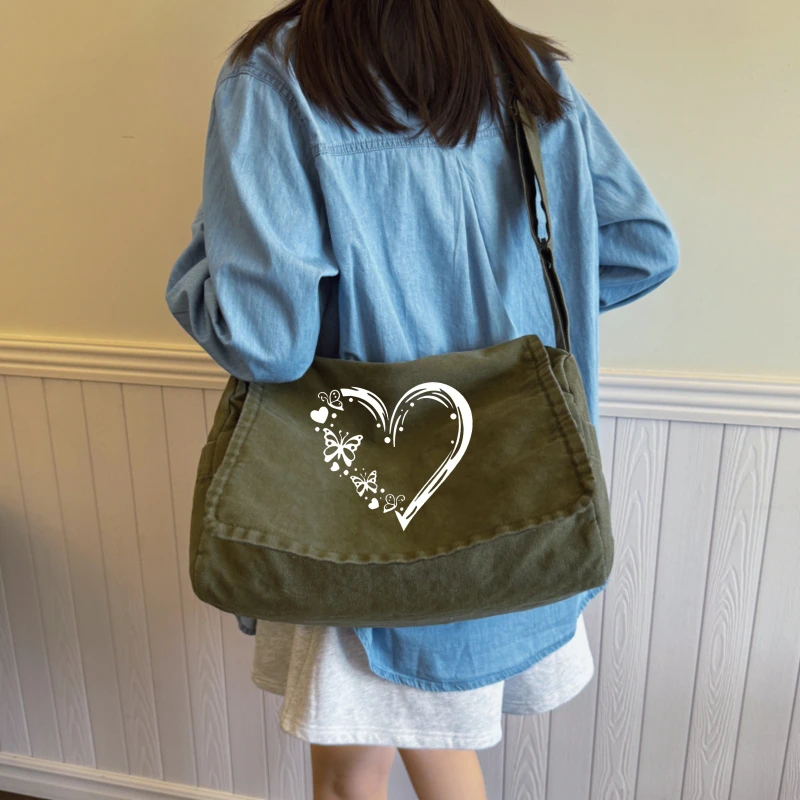Casual Women's Shoulder Bag Crossbody Bag Butterfly Heart Print Canvas Large Capacity Messenger Bag