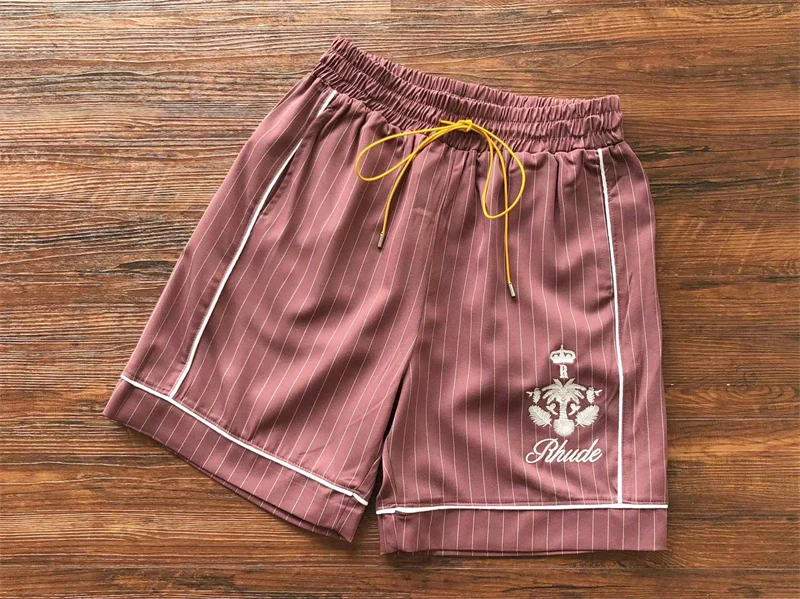 

23SS High Quality Rhude Coconut Embroidery Vertical Striped Shorts Men Women Green Purple Red Black Breeches Tags Haikyuu
