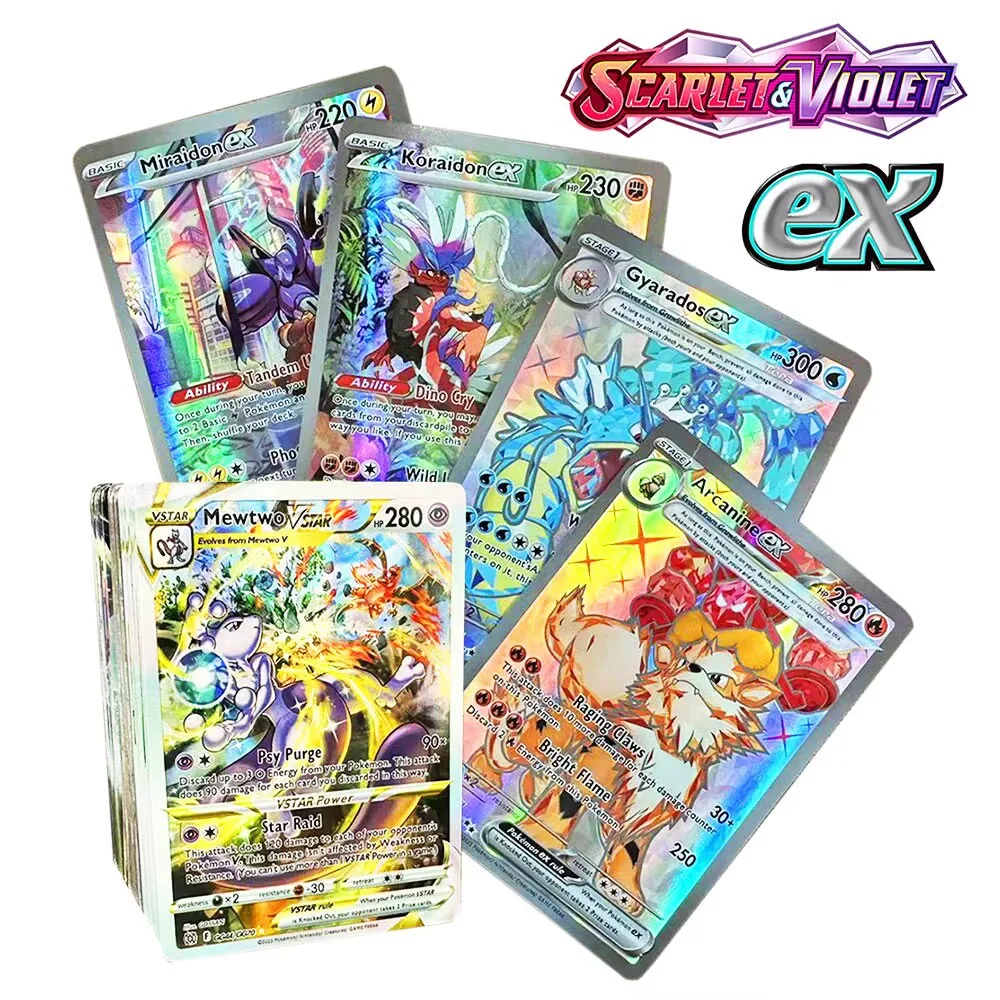 

100 Pcs Pokemon Scarlet & Violet Flash English Cards 30New Ex 33Vstar 37Vmax Koraidon Miraidon Mewtwo Pikachu Collection Cards