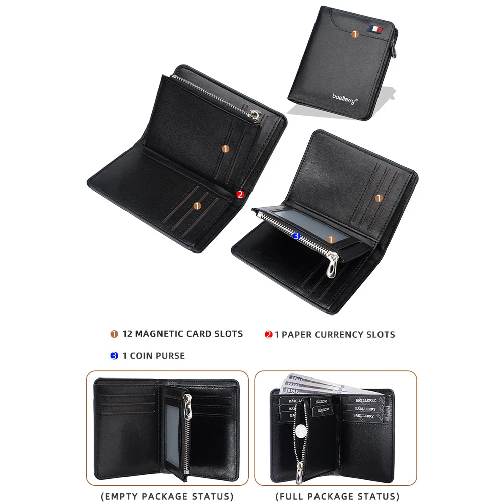 1Pcs Baellerry Men's Short Wallet with Multiple Card Slots + Zipper Coin Pocket, Trendy Men's Gift