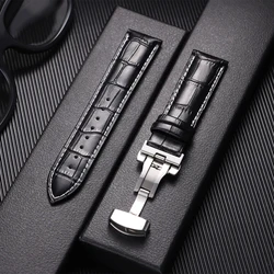 Luxurious Genuine Calfskin Leather Watchband with Butterfly Buckle Closure - 13mm (Black White)