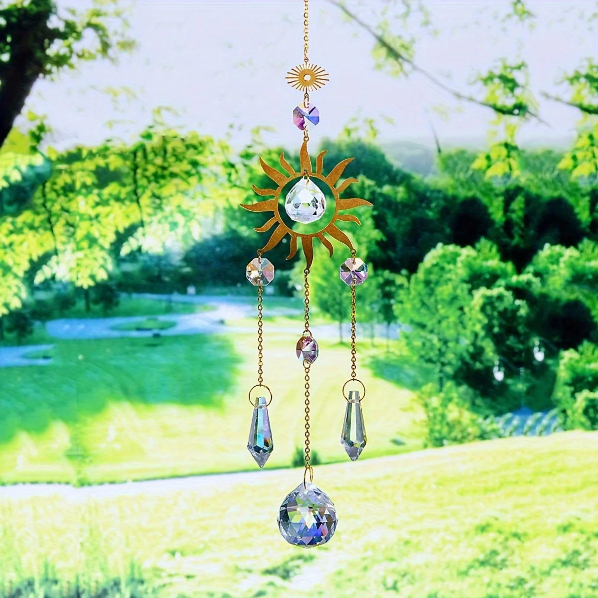 1pc metal sun pendant handmade wind chime charm car decoration outdoor garden crystal sun catcher