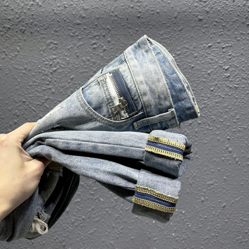 2024 spring new high end hole patch trendy jeans for MEN'S FASHION street fashion brand water washed retro worn loose Demin Pant