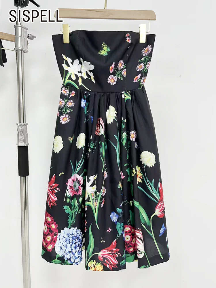 

SISPELL Printing Strapless Dresses For Women Slash Neck Sleeveless High Waist A Line Mini Hit Color Dress Female Summer 2023 New