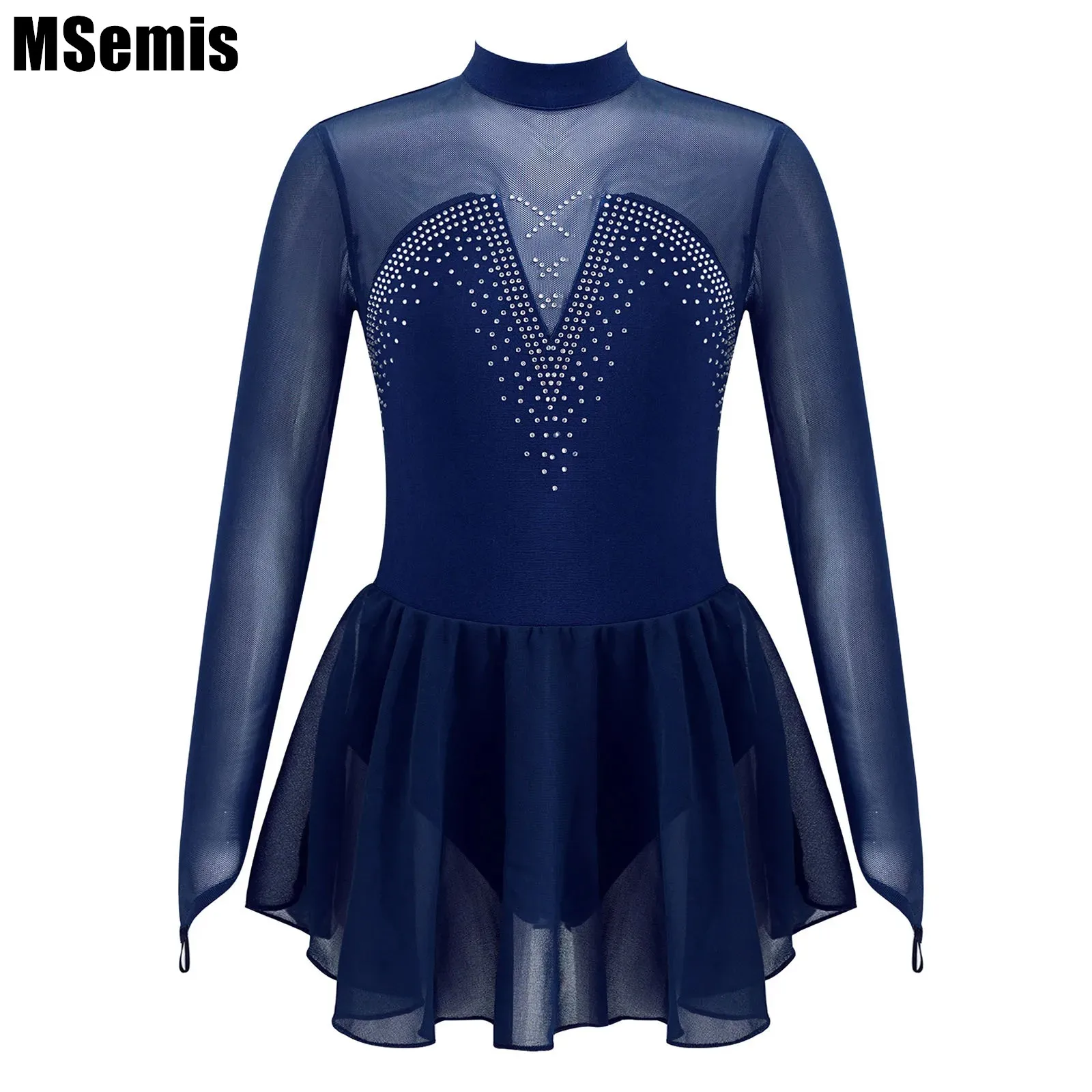 Kids Girls Mesh Splice Ballet Dance Dress Sparkly Strass Manica Lunga Girocollo Hollow Back Skating Ginnastica Body