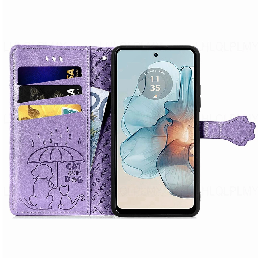 Leather Wallet Flip Case with Cat and Dog Design