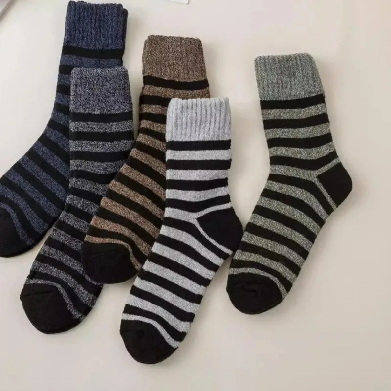 Winter Thick Warm Sock Cold Resistant Black Stripe Cashmere Mid Length Socks Autumn Outdoor Sturdy Breathable Thermal Hosiery