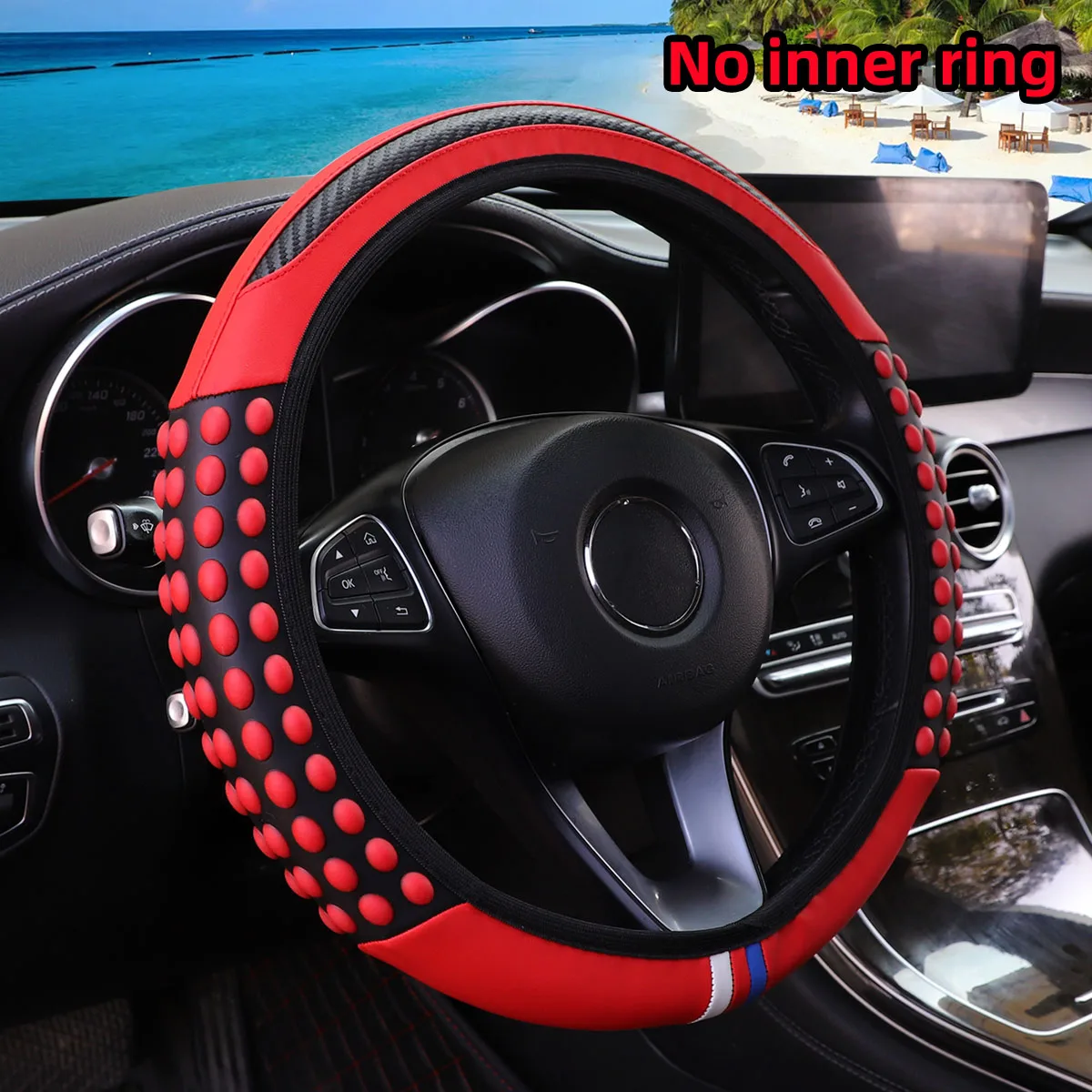 Steering Wheel Cover Automotive Carbon Silicone Massage Pellet Leather Steering Wheel Cover without Inner Ring Fits 14.5-15 Inches