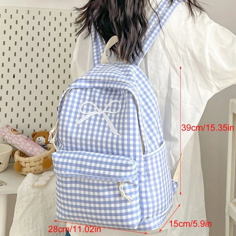 Japanese Women Girl Checkered Pattern Backpack Large Capacity Bowknot School Bag Book Bag for Everyday Use