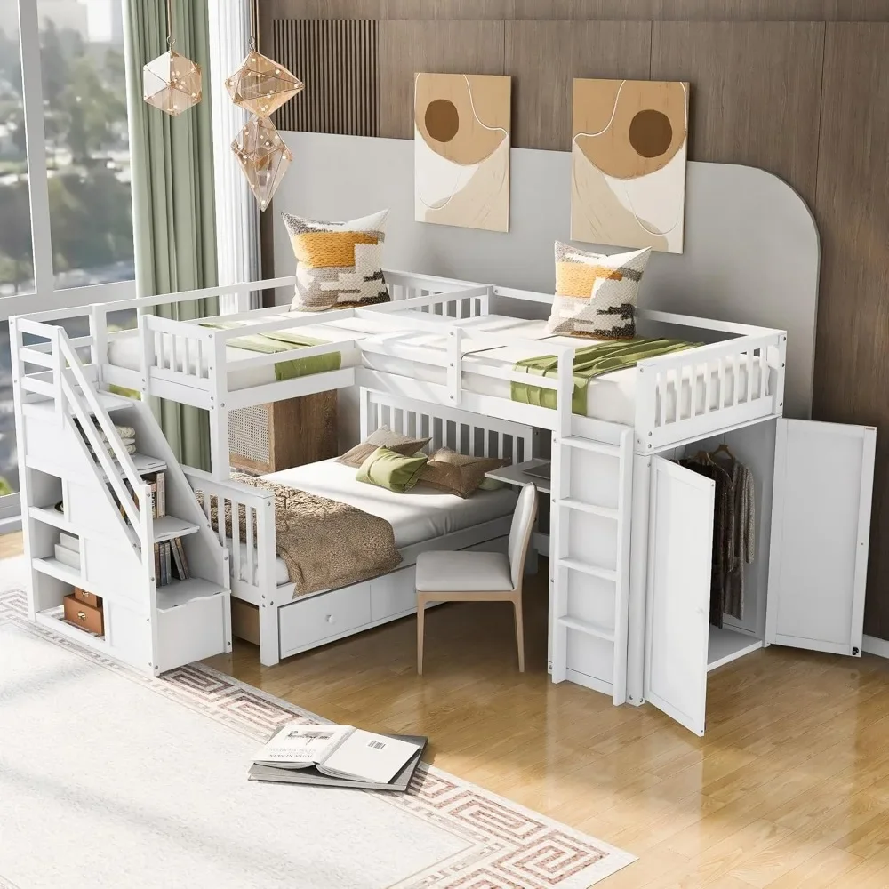 L-Shape Triple Bunk Beds with Stairs and Desk,Twin Over Full Bunk Bed with Storage Wardrobe, Shelves and Drawers,Wood Staircase 2