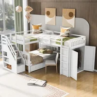 L-Shape Triple Bunk Beds with Stairs and Desk,Twin Over Full Bunk Bed with Storage Wardrobe, Shelves and Drawers,Wood Staircase 2