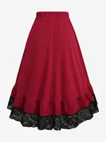 ROSEGAL Plus Size Skirts Women High Elastic Waist Gothic Floral Lace Trim Lace-up Cinched Two Tone Patchwork A Line Skirt - Image 2