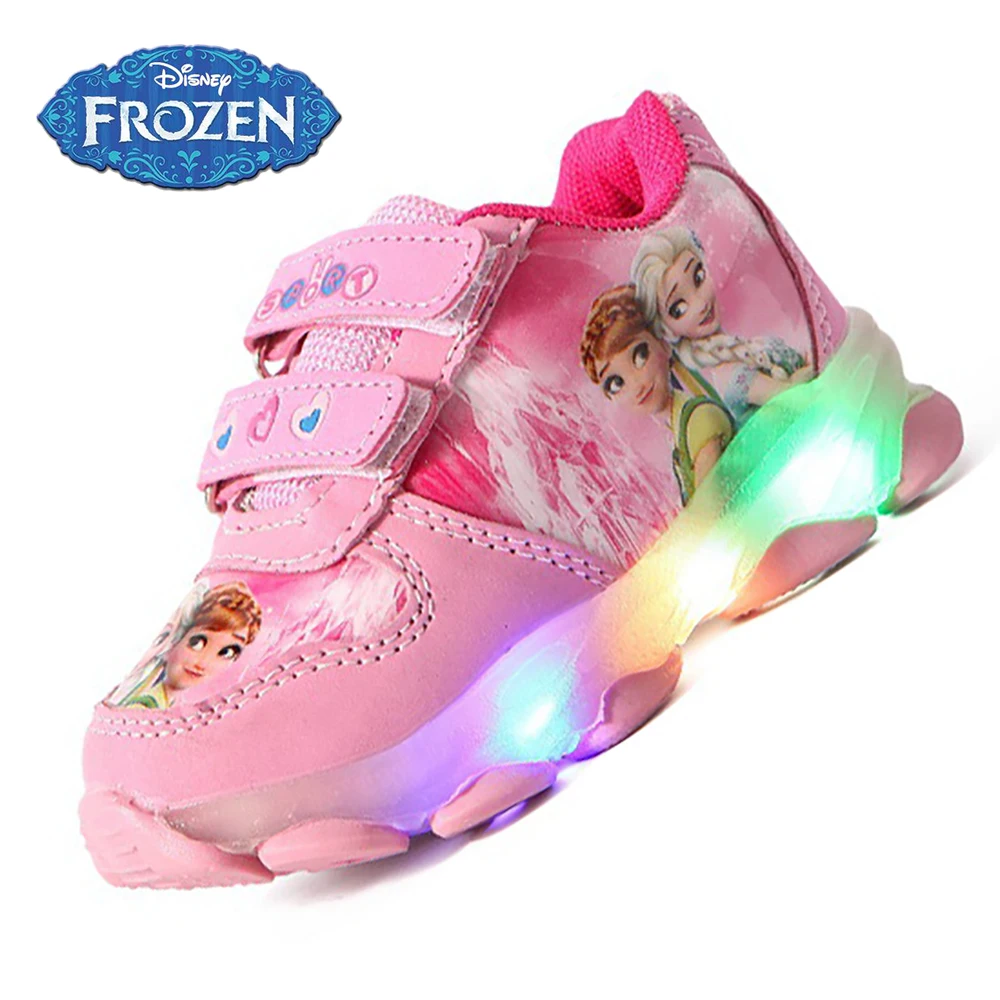 Disney Kids LED Casual Sneakers For Girls Cute Frozen Elsa Princess Print Outdoor Shoes Children