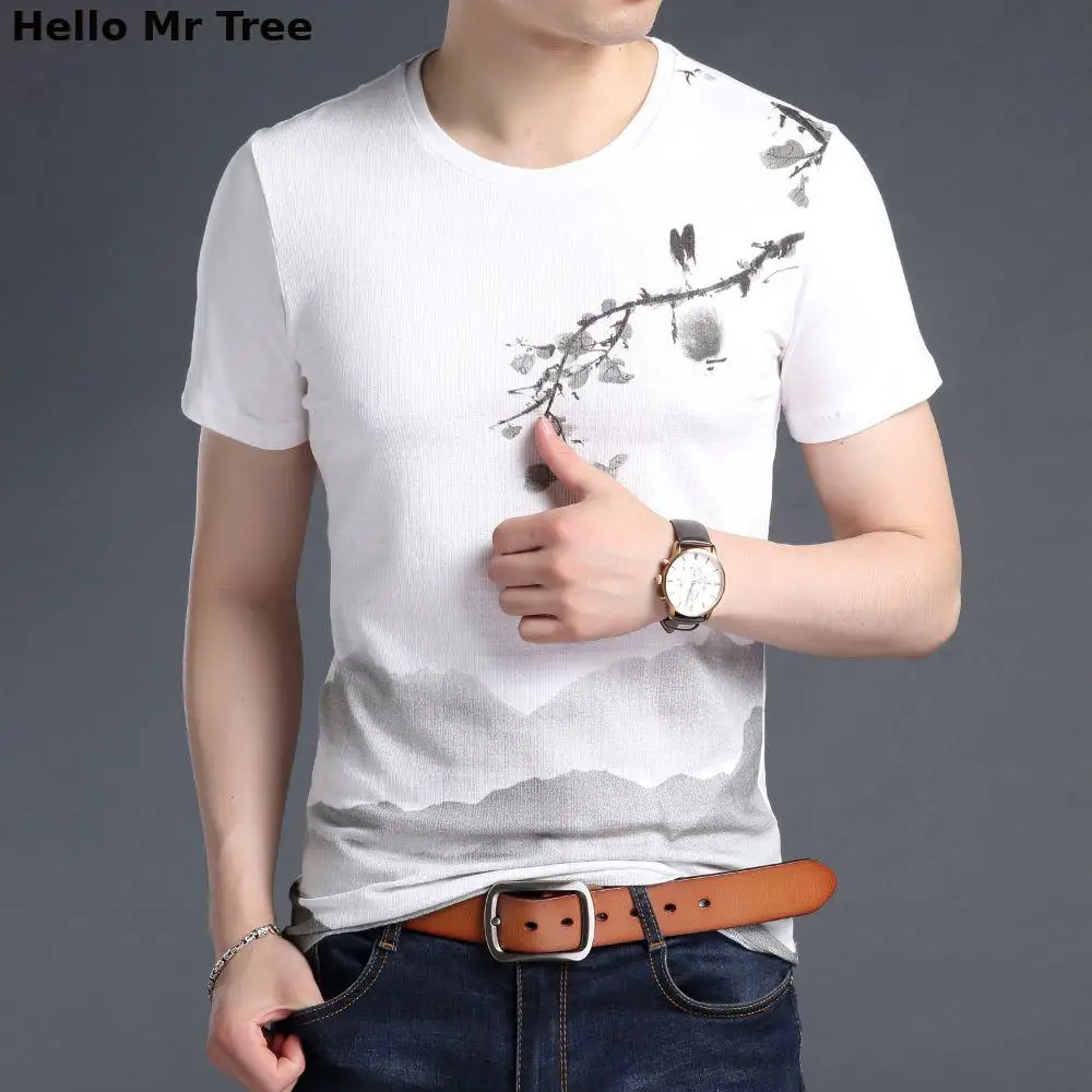 

High Quality Chinese Style Artistic Conception Painting T-Shirt Men Clothes Summer Short Sleeve O-Neck Tops